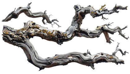 Twisted, weathered tree branches with gnarled texture against a plain backdrop