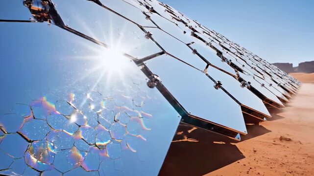 Solar panels in the desert with shattered glass and a clear blue sky reflection