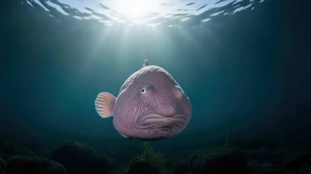 Enigmatic Blobfish Floating in Deep Ocean Rays of Light Underwater Scene