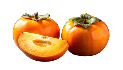 Three ripe persimmons, one sliced to reveal flesh, against a dark void