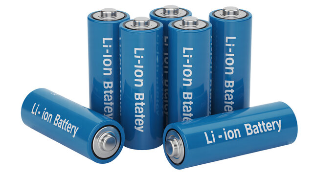 Group of bright blue lithium ion batteries representing portable energy storage and power