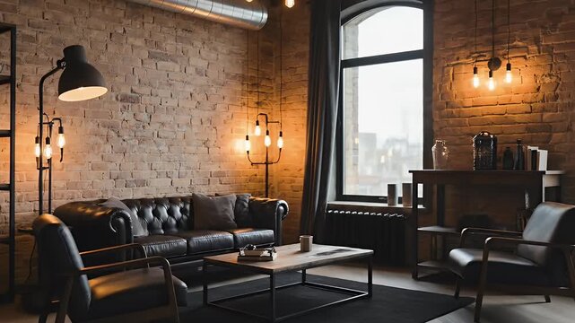 This establishing shot showcases a stylish and inviting modern living space, characterized by its warm industrial aesthetic. The room features exposed brick walls, a comfortable dark leather sofa, ele