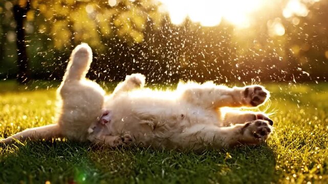 Playful puppy golden retriever in sunlight, summer grass and water splash fun, rolling and running through warm glow in sunny park, carefree joyful pet frolic with droplets sparkling on green lawn