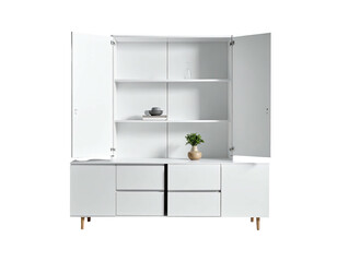 Modern white cabinet with open doors, shelves, and drawers