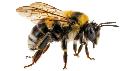 Detailed macro side profile of a fuzzy bumblebee insect on a solid for study