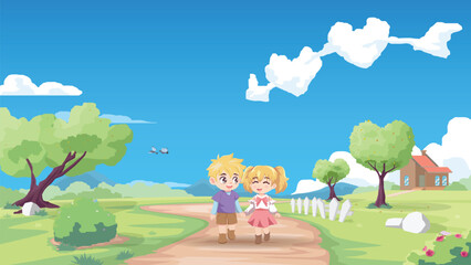 Naklejka premium Cute cartoon couple boy and girl holding hands walking from house. Walking on soil road. With heart shaped clouds in blue sky. Arrows pierced both hearts. Happy Valentine's day vector illustration.