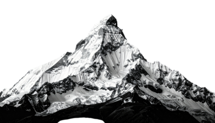 Black and white photo of a towering, snow-capped mountain