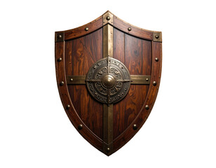 A wooden shield with metal accents against a black background