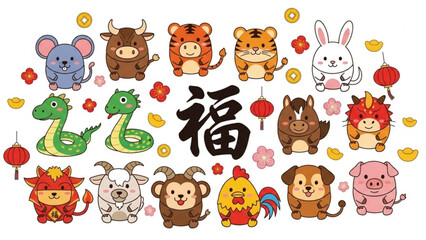 Obraz premium Chinese zodiac animals with lanterns and flowers on white background for chinese new year