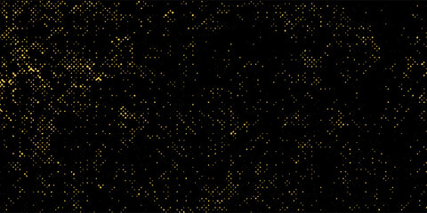 Vector halftone gold dots gradient diagonal tilt on black.