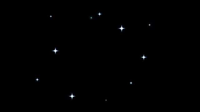 Twinkling sparkling star animation, white cartoon doodle glitter stars, flat vector blinking light effects, glowing star motion on black screen, 4k festive overlay video