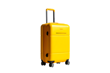 Bright yellow suitcase with wheels isolated on white background