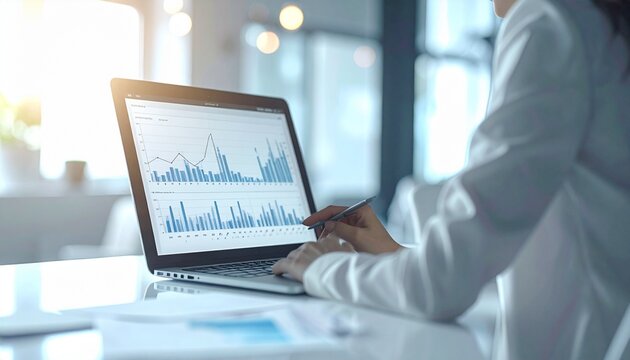 "Person in modern office analyzing bar and line charts on laptop with pen or stylus" - Powered by Adobe