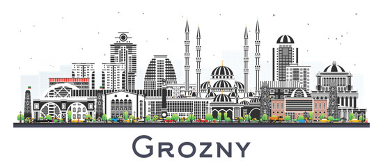 Grozny Russia city skyline with color buildings isolated on white. Illustration. Grozny cityscape with landmarks. Business travel and tourism concept with modern and historic architecture.