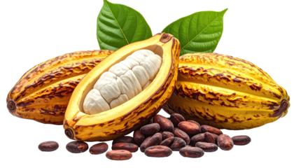 Vibrant cocoa pods, beans, and fresh leaves against a clear backdrop