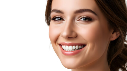 Fototapeta premium Close Up of a Smiling Young Woman with Bright White Teeth and Clear Skin Showing Happiness and Confidence in a Studio Portrait