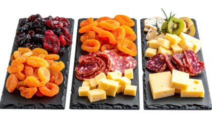 A gourmet platter featuring dried fruits, cheese, and meats artfully arranged