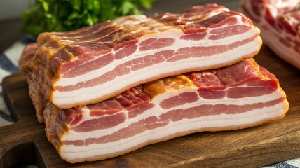 Cured bacon strips on wooden cutting board with fresh herbs