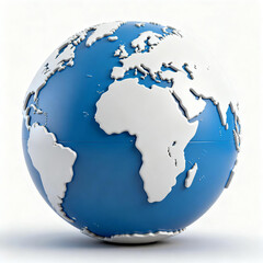 3D rendered illustration of a globe, showing blue oceans and white landmasses, representing the Earth, ideal for educational and scientific visualization of global geography.