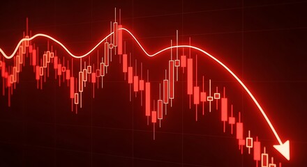 Red stock market chart displaying a dramatic downward trend and financial crisis, symbolizing economic recession, investment losses, and market collapse with a falling arrow