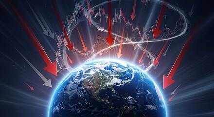 Obraz premium Concept of a worldwide financial crisis, market collapse, and economic recession as red arrows and charts descend upon the planet