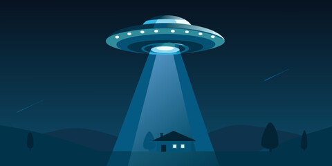 Ufo hovering over a rural landscape with a bright beam of light