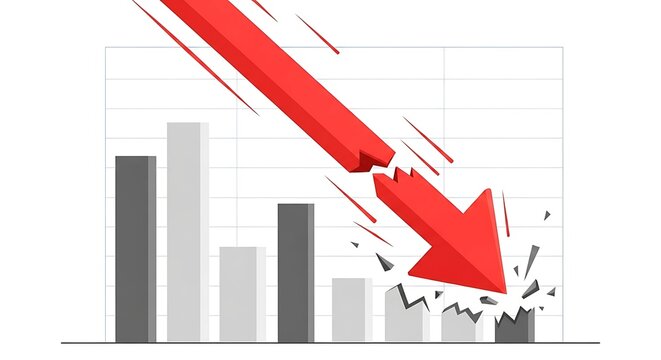 Graph showing sharp financial downturn with a breaking red arrow, symbolizing economic crisis, market collapse, and significant business performance losses - Powered by Adobe