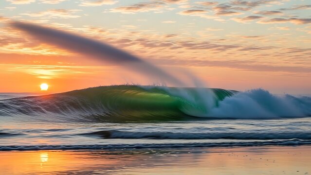Surfer catching a green barrel wave at sunset with golden light and clouds.