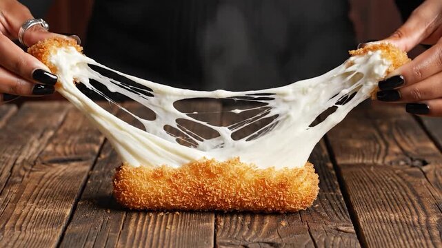 Delicious golden fried food with stretchy melted cheese being pulled apart by hands