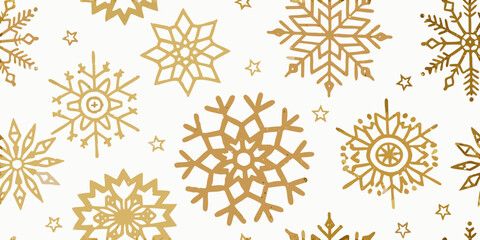 Golden snowflakes and stars scattered on a bright white background