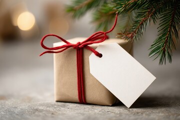 Close-up of a rustic Christmas gift wrapped in kraft paper, tied with red twine, featuring a blank textured gift tag for copy space, set under evergreen branches with warm bokeh lights.
