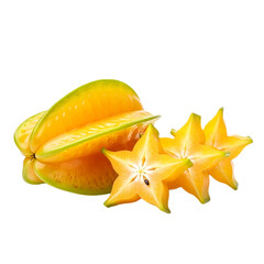 Fototapeta premium Fresh whole and sliced star fruit isolated on transparent background. Tropical fruit for healthy eating and summer recipes. Exotic carambola.