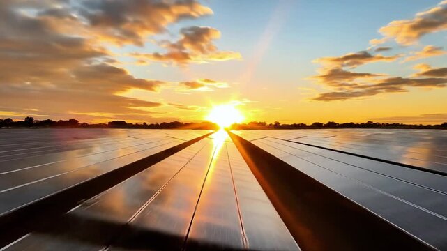 Solar panels on a field at sunset with a cloudy sky and reflective surface