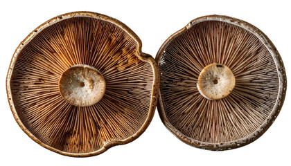 Two portobello mushrooms, gills exposed, set against a black backdrop