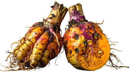 Two bulbous botanical specimens with roots and colorful exterior details