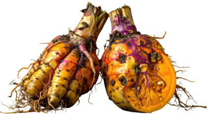 Two bulbous botanical specimens with roots and colorful exterior details
