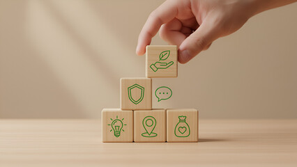 Eco Icons on Wooden Blocks: Hand Stacking Green Symbols