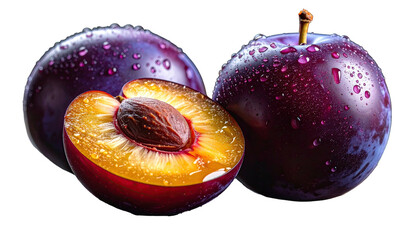 Three ripe, purple fruits, one sliced, with water droplets on a black background