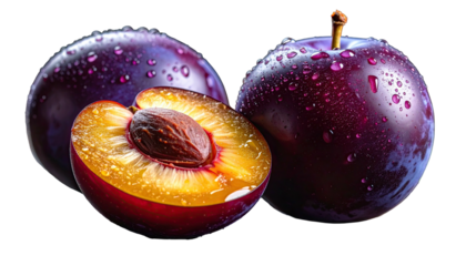 Three ripe, purple fruits, one sliced, with water droplets on a black background