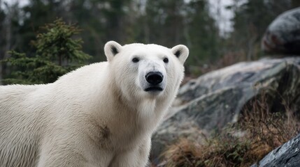 Majestic polar bear gazing at camera in natural rocky habitat