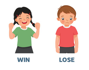 Opposite adjective antonym words win and lose illustration of little girl excited with victory and boy upset 