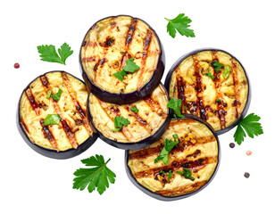 Grilled eggplant slices, garnished with fresh herbs, isolated on transparent png