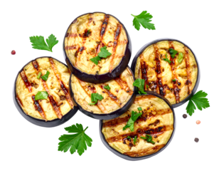 Grilled eggplant slices, garnished with fresh herbs, isolated on transparent png
