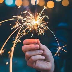 Hand holding a vibrant sparkler illuminating the night with festive light