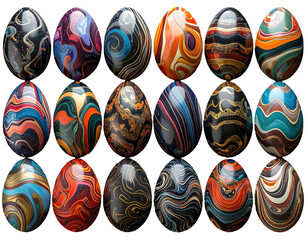 Assorted decorated eggs with swirled and flowing colorful patterns
