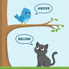 Opposite antonym words above and below illustration of a bird sitting on tree branch and a cat sitting on the ground