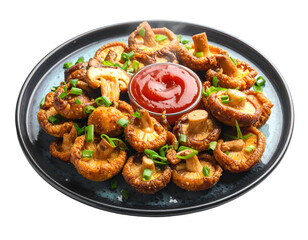 Fototapeta premium Hot fried shiitake mushrooms with green onions and spicy sauces on plate isolated on transparent png