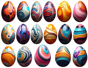 Twenty eggs with swirling vibrant patterns, Easter art