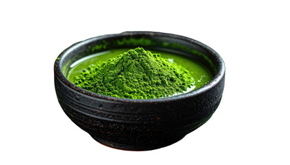 Dark bowl holds vibrant green powder; a health-focused, culinary shot