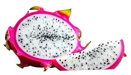 Vivid, halved tropical fruit with black seeds and pink rind